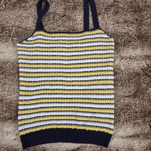 Y2K Striped Knit Tank Top | Navy Yellow Retro Crochet Style | Cute Summer